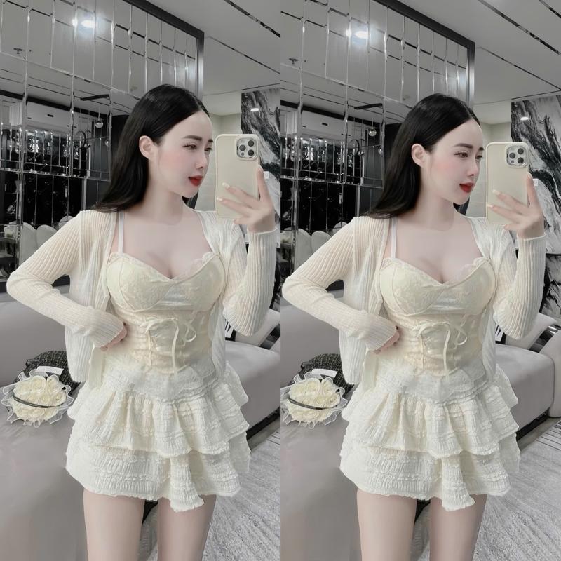 Set đồ nữ 3 món áo 2 dây ren hoa đan dây kèm khoác tăm tay dài mix chân váy len ren xếp tầng Có Lót sang chảnh dành cho các nàng diện đi chơi đi tiệc Women Top Kem