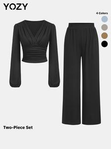 YOZY 2 Counts Solid Ruched V-Neck Ribbed Set / Women's Casual Plicated Wide Pants Outfit, Fall & Winter Outfits