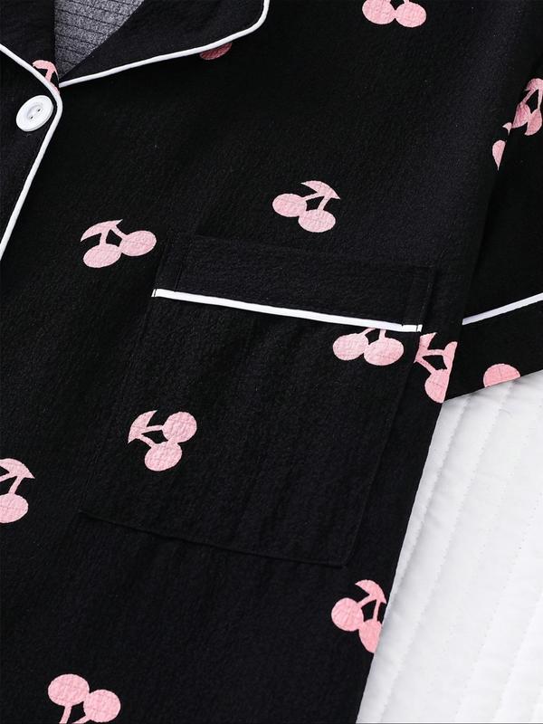 Women's All Over Print Top & Shorts Pajama Two-piece Set, Casual Comfy Short Sleeve Button Top & Shorts Pajama Set, Ladies Sleepwear for All Seasons 3