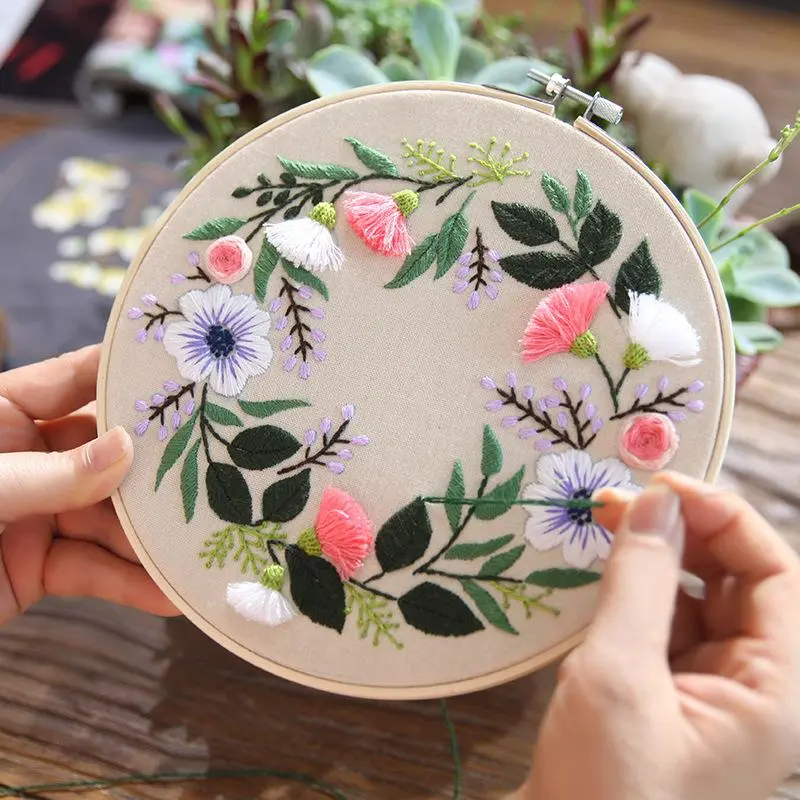 Flower Pattern Embroidery Kit, 3 Counts/set DIY Handmade Embroidery Kit with Hoop, Cross Stitch Embroidery Set for Home Decoration Gift 3