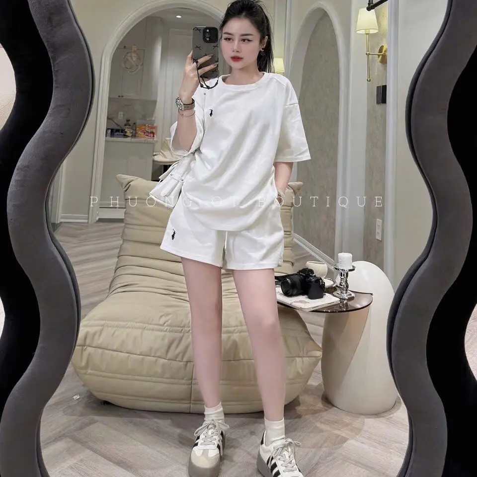Bộ thun cộc tay cổ tròn chất mì Hàn 3 màu đen/kem/hồng  thêu tang ngựa cho nữ - Women