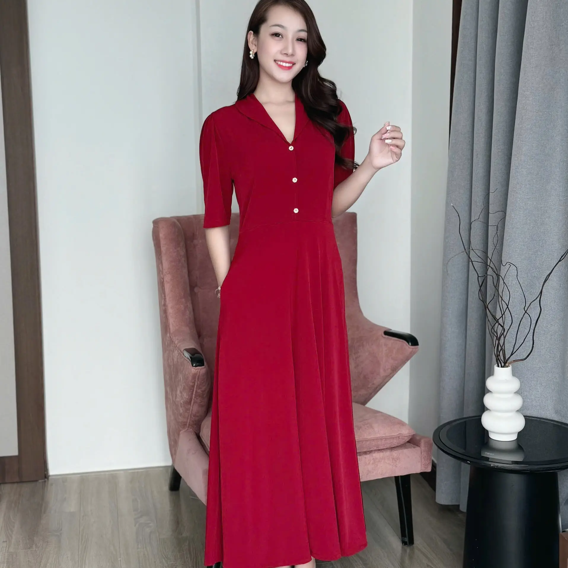 [ GIÁ TẬN XƯỞNG ] Đầm Thiết Kế  Cổ Bẻ Đính Hạt Sang Trọng Có Bigsize Co Dãn 4 Chiều Mềm Mát MÃ 23