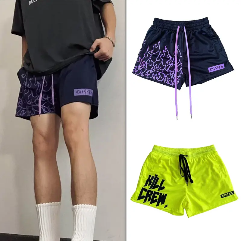 Men's American Street Trend Fire Printed Shorts Above Knee Hip Hop Summer Quick-drying Loose Basketball Short Pants Purple\ Pink