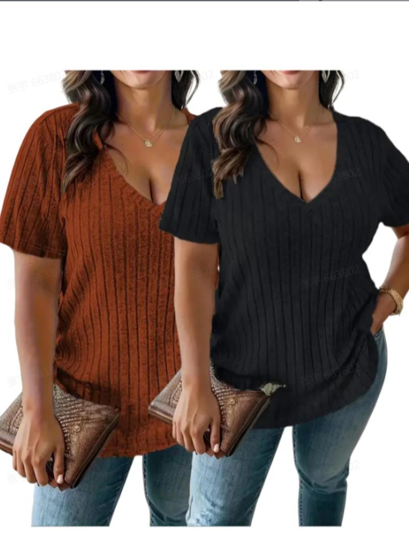 Product Introduction of Plus Size Plain V Neck Tee, Casual Short Sleeve T-shirt for Summer, Women's Plus Clothing for Daily Wear 5