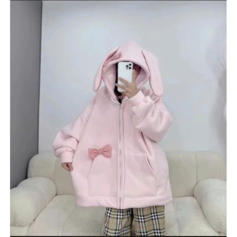 Áo hoodie nỉ tai thỏ tặng kèm nơ hồng chát nỉ tàu mũ trùm siêu xinh 3