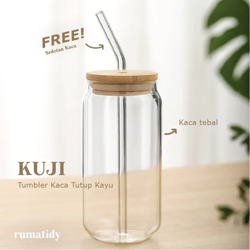 KUJI Tumbler Kaca Tutup Kayu Estetik Dengan Sedotan Kaca Gelas Wadah Transparan Kopi Teh Bottles Kitchenware Water