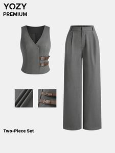 YOZY Women's Solid Color V Neck Vest Blazer & Plicated Pocket Pants Set, Casual Sleeveless Top & Trousers for Work Office Business, Ladies Two-piece Outfits for All Seasons