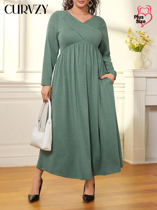 CURVZY Plus Size Solid Pocket V Neck A Line Dress, Casual Long Sleeve Long Dress for Daily Wear, Women's Plus Clothing for All Seasons 0