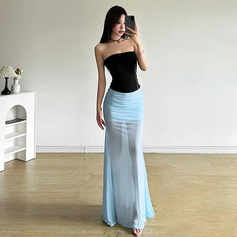 2025cutenew Sweet Cool Wind Mist Elegant Light Yarn All-Match Fishtail Skirt Women's Zip Tube Top Slimming Vest Short Top