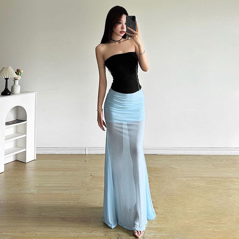 2025cutenew Sweet Cool Wind Mist Elegant Light Yarn All-Match Fishtail Skirt Women's Zip Tube Top Slimming Vest Short Top 0