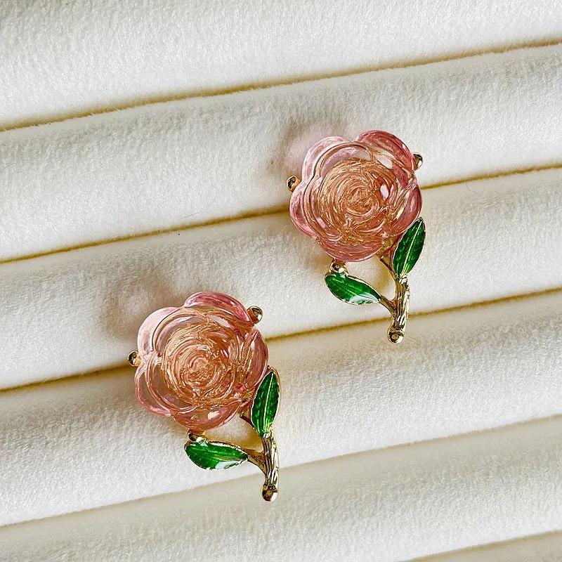 Vintage Rose Flower Brooch, Silver Needle Earrings, Enamel Drops, Green Leaves, Women's Ice Crystal, Powdery Feeling Brooch 4