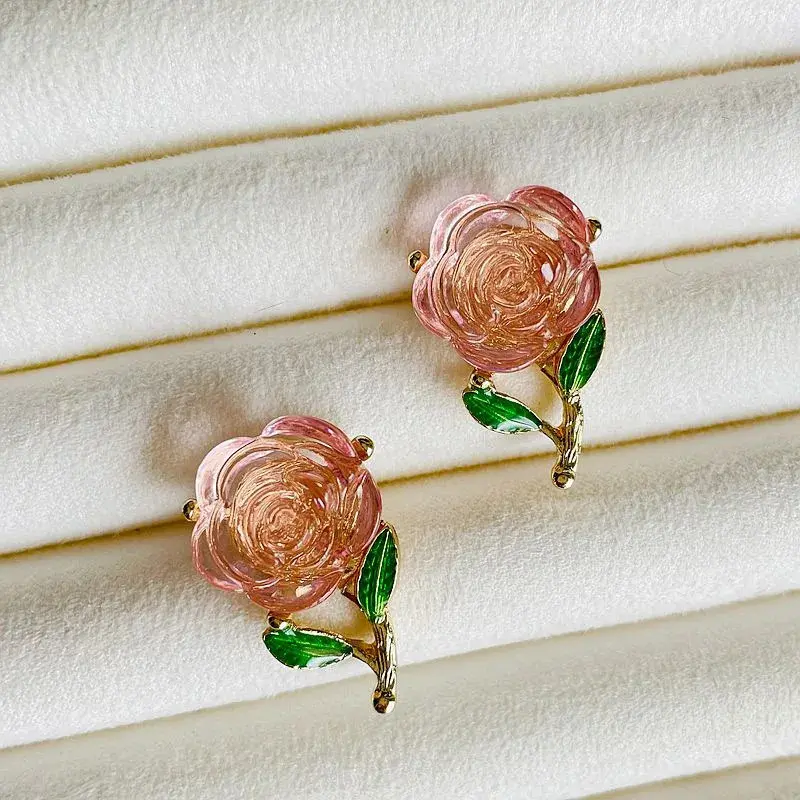 Vintage Rose Flower Brooch, Silver Needle Earrings, Enamel Drops, Green Leaves, Women's Ice Crystal, Powdery Feeling Brooch 4