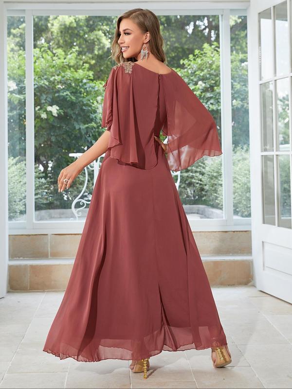Women's Plain Cloak Sleeve Chiffon Evening Dress, Dresses Summer, Elegant Round Neck Half Sleeve Dress for Prom Wedding Guest, Ladies Summer Clothes 5