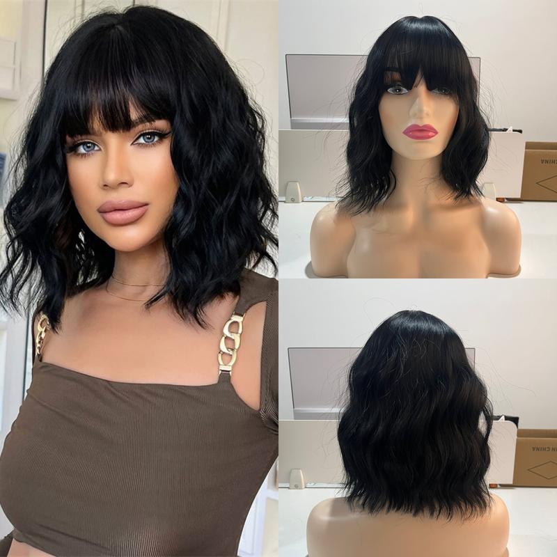 Product Introduction of Short curly silk wig with bangs, new style, realistic natural hair, high temperature, chemical fiber head cover 0