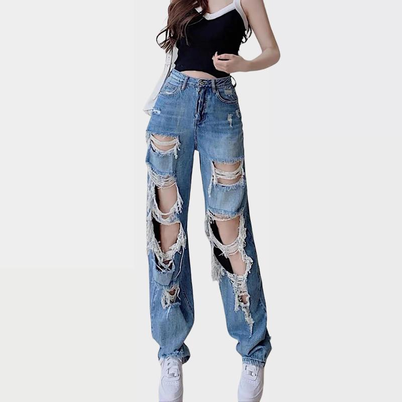 Quần Jean Nữ, Quần Suông Ống Rộng Rách Tơi Tả BigSize 55-90kg 4454, Dài 103cm, Không Co Dãn, Quần Jean Ống Rộng Wash Màu, Quần Bò Nữ Ống Rộng Dáng Xuông Pants Denim Ong Women Baggy