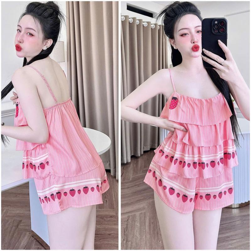 Bộ đồ ngủ đùi nữ áo 2 dây họa tiết thiết kế 3 tầng xinh xắn chất liệu lụa latin mịn mát freesize dưới 60kg My STORE 7