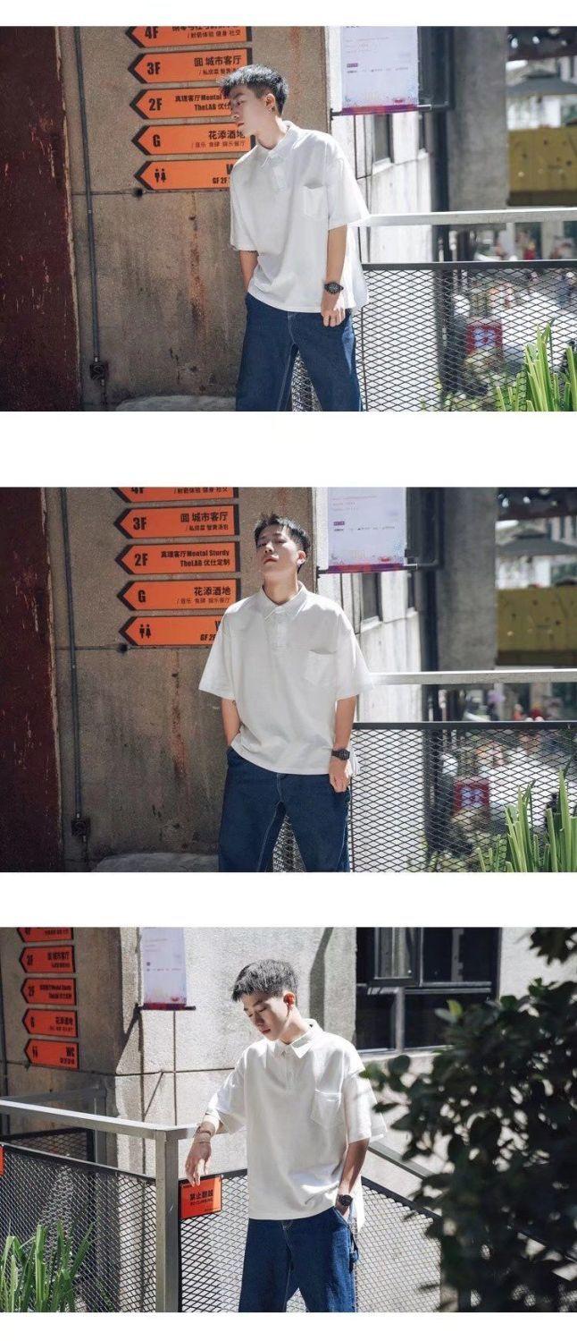 Product Introduction of Green Short Sleeve Polo Shirt for Men Summer Ins Trend Loose Fit Hong Kong Style Versatile Casual Stylish Turn-down Collar Five-point Sleeve T-shirt 9