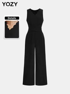 YOZY Women's Solid Scallop Trim Zipper Back Jumpsuit, Casual Comfy Sleeveless Jumpsuit for Daily Wear, Ladies Clothes for All Seasons