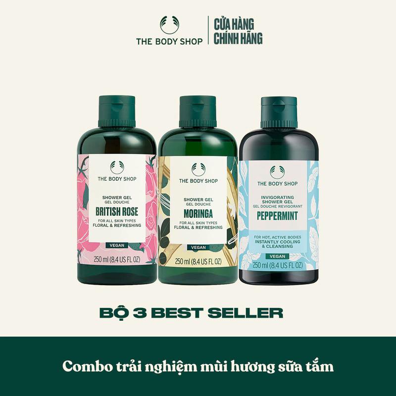The Body Shop x Hannah - Bộ 03 sữa tắm The Body Shop: Sữa Tắm Moringa 250ML & British Rose 250ML & Peppermint 250ML