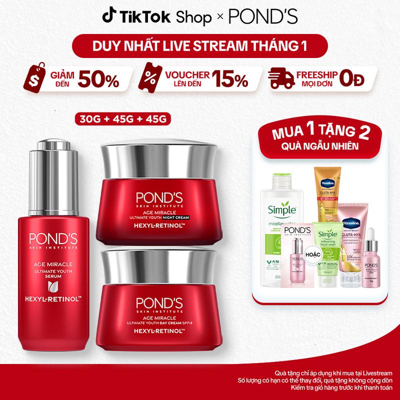 1 Bộ Skincare 1 Serum và 2 Kem Dưỡng Ngày & Đêm Pond's Age Miracle Hỗ Trợ Mờ Đốm Nâu Nếp Nhăn với 50X Hexyl-Retinol 30G+45G+45G