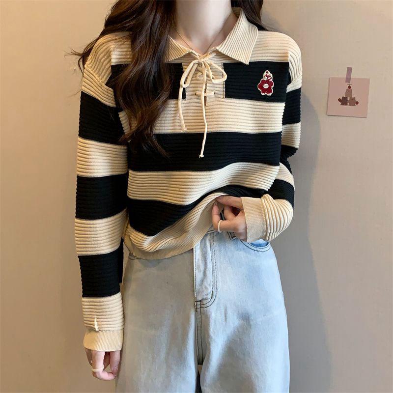 💥[A096] Áo len thun nữ Montoghi hàng dệt kim cổ áo POLO kẻ sọc retro có DÂY RÚT CỔ và LOGO HOA đơn giản trẻ trung - L2M (Top nữ Women Nhung ) 【 hoa hồng 】 4