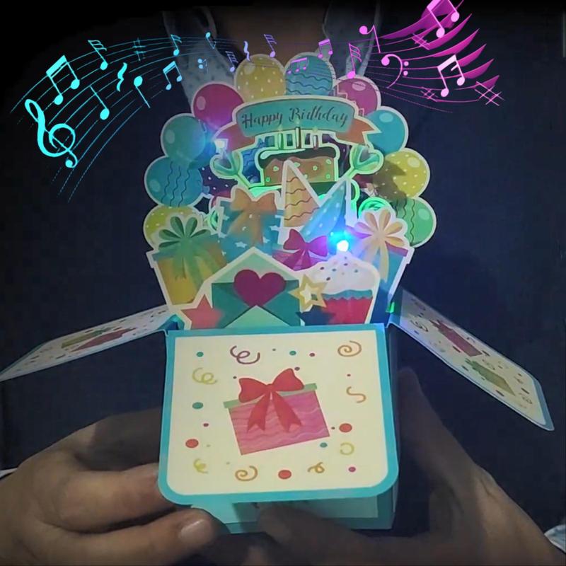 Product Introduction of 3D Birthday Music and Lighting Greeting Card Box, 1 Count Happy Bithday Music Greeting Card with Envelope and Message Card, Surprise Birthday Gift 4
