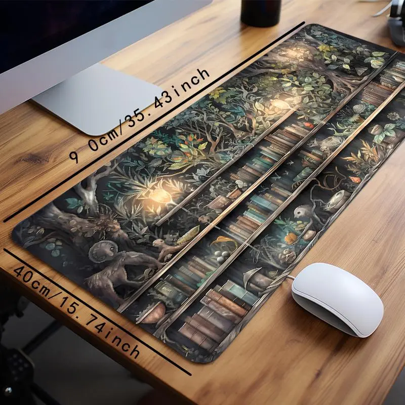 Creative Book & Tree Pattern Extended Mouse Pad, Rectangle Gaming Mouse Keyboard Pad, Office Desk Accessories, Non-slip Rubber Base Stitched Edge Desk Pad for Laptop Desktop 2
