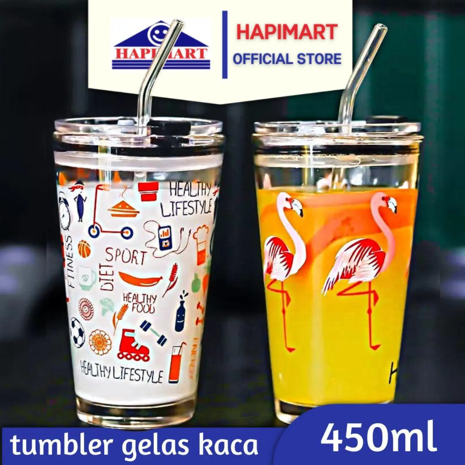 (7.7 Sale-A-Bration)   tumbler gelas kaca  minuman viral tebal tutup rapat sedotan tahan panas microwave motif cantik 450ml botol glass straw  silikon