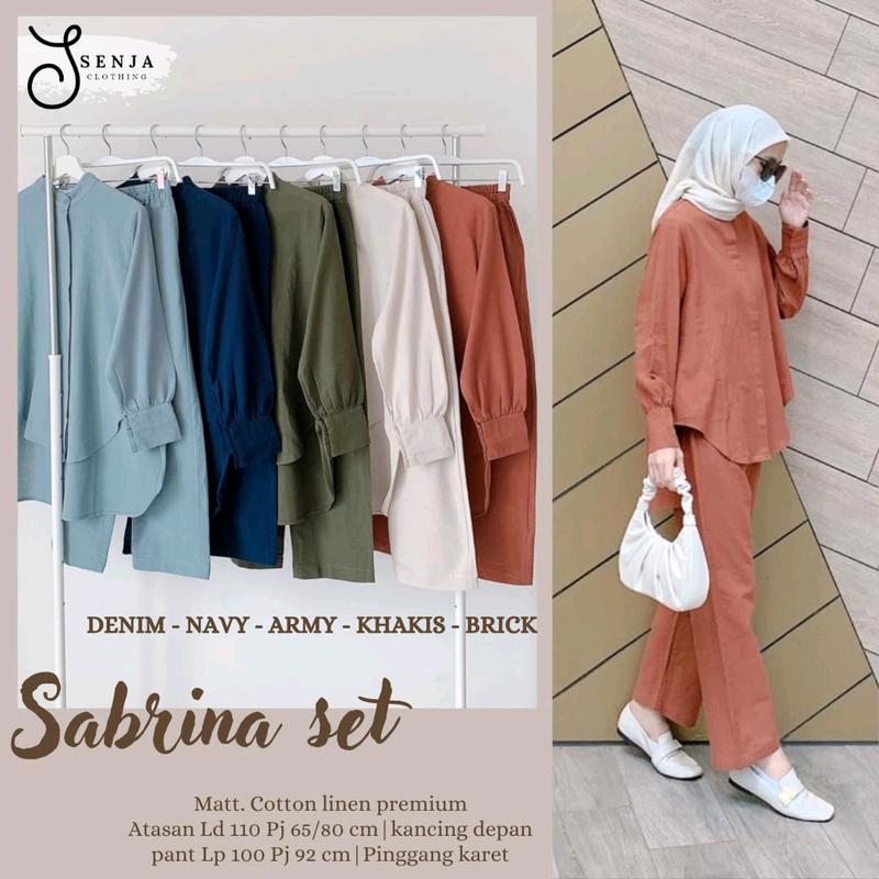 sabrina set bahan katun linen  Muslim Wanita Setelan Dewasa Baju Celana Kancing Karet Panjang Casual 1