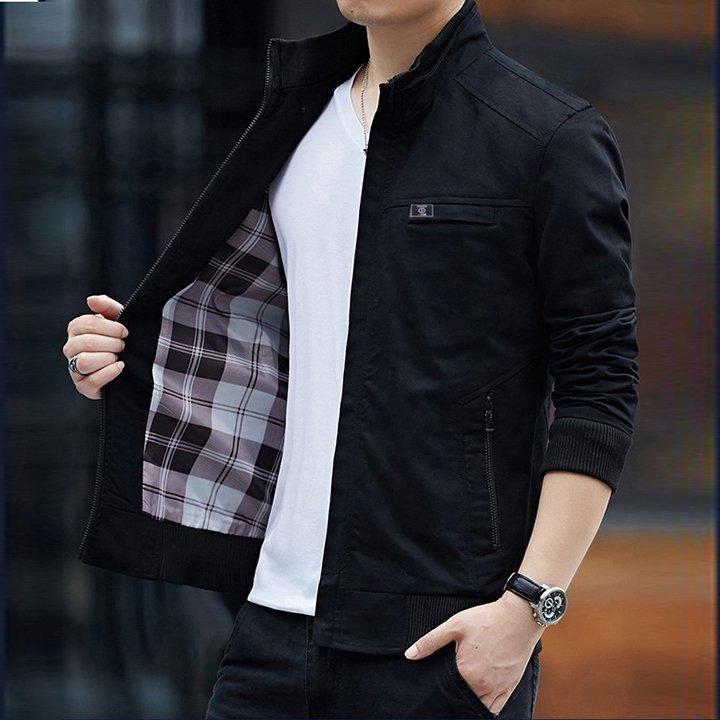 Áo Khoác Kaki Nam Thanh Lịch,Lót Dù Caro Và Túi Trong Cao Cấp Menswear Jean Kem Có Cổ Jacket Đen