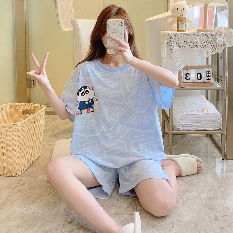 2XL-5XL Plus size Pyjamas Women 100% Cotton Summer Lady Short Sleeve Pajamas Set Japanese Cartoon Cute Loose Sleepwear woman Thin Home wear