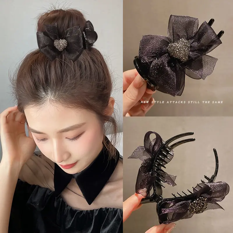Kẹp Tóc Đuôi Ngựa Cao, Phong Cách Cổ Điển Thiết Kế Lưới Nơ Và Trái Tim, Kẹp Tóc Thanh Lịch, Dành Cho Nữ Women 1