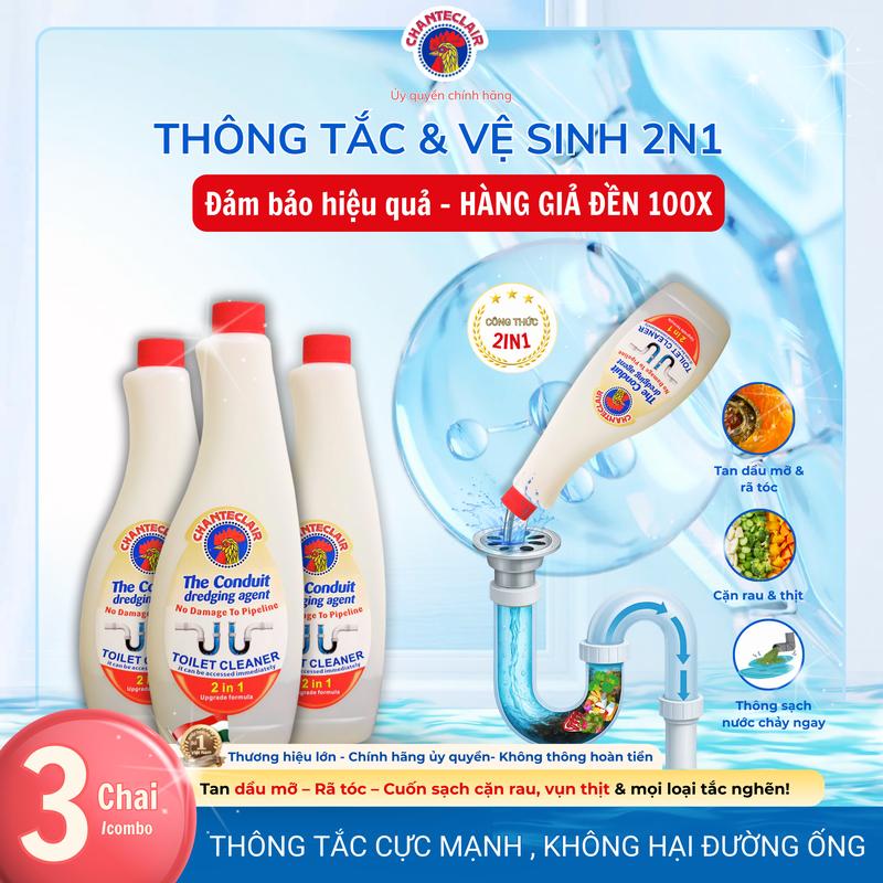  Combo 3 Chai Gel Tẩy Rửa Đa Năng 2in1 Chanteclair – Thông Cống & Làm Sạch Bồn Cầu – Tan Mỡ Tóc Khử Mùi Không Cần Chà Sạch Bồn Cầu & Đường Ống Siêu Nhanh – An Toàn Siêu Mạnh 