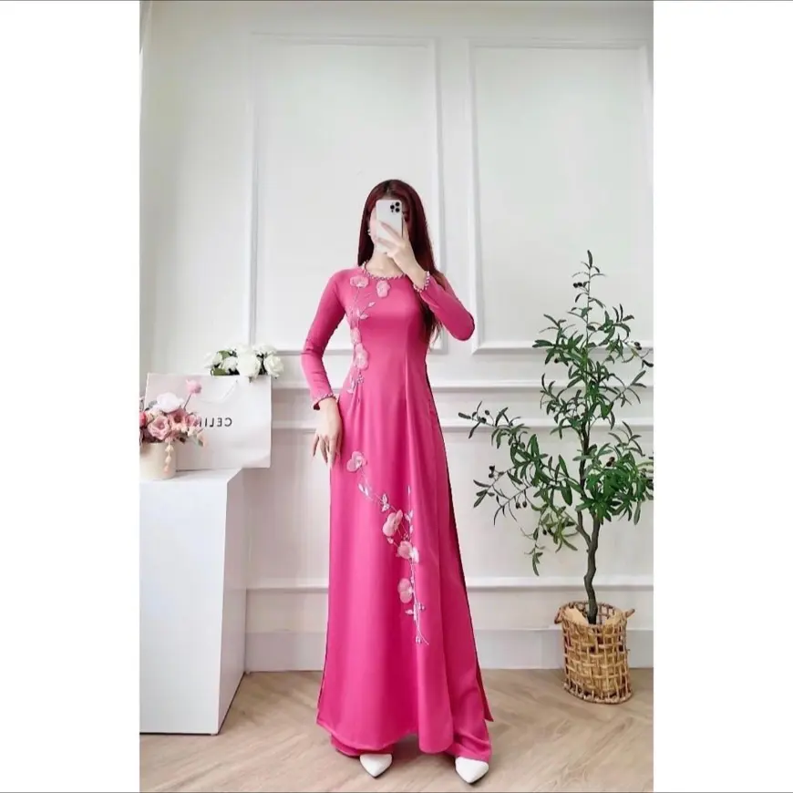 Áo Dài thêu đính hoa dây màu Hồng sen vải lụa Mỹ