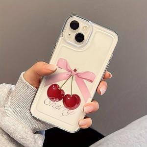 Funda para celular con patrón de cerezas y moño, cubierta protectora decorativa, accesorios para celular compatibles con iPhone 11 12 13 14 15 16 Pro Max/Pro/Plus