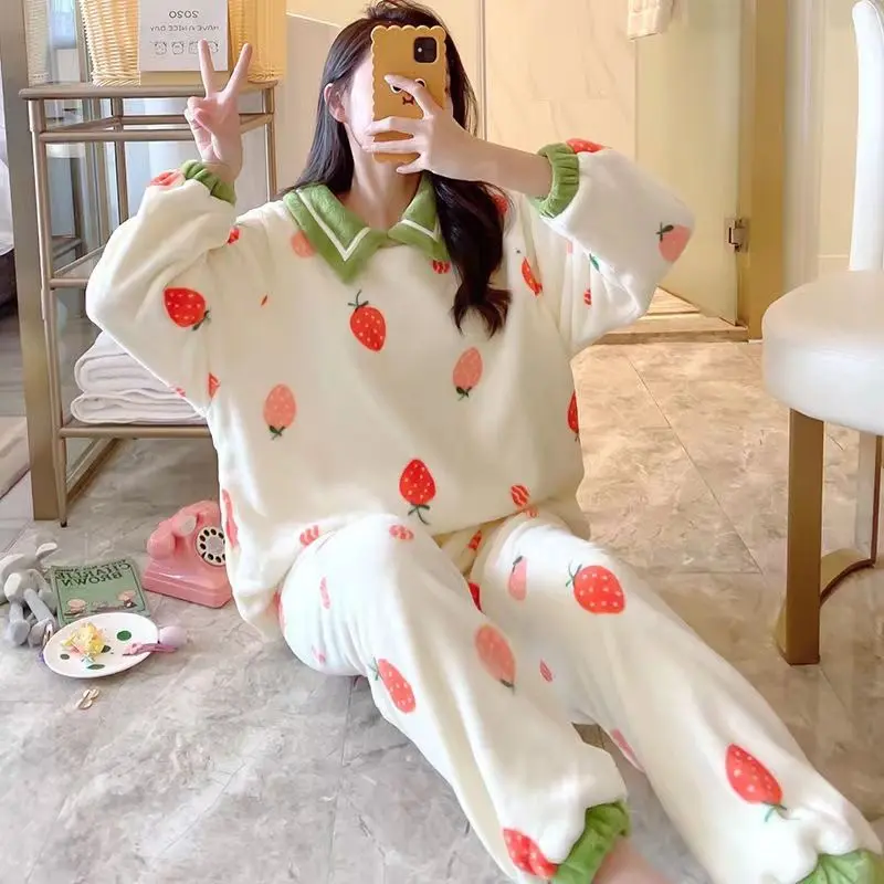 Bộ Đồ Ngủ Nữ, Mùa Thu Và Mùa Đông, Làm Bằng Lông Cừu San Hô, Dày Dặn, Thiết Kế Hoạt Hình Dễ Thương, Thích Hợp Cho Học Sinh, Chất Liệu vải nỉ Phong Cách Công Chúa, Bộ Đồ Mặc Nhà Mùa Đông Áo 3