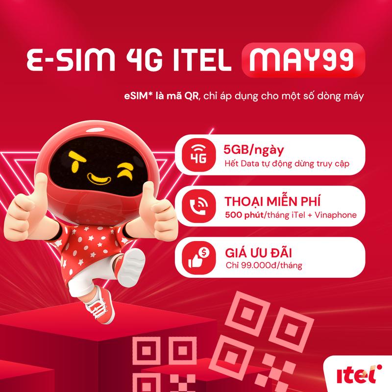 iTel - eSIM 4G - Gói MAY99 5GB/ngày - 150GB/tháng, miễn phí gọi nội mạng - Lưu ý eSIM là mã QR, không phải SIM vật lý