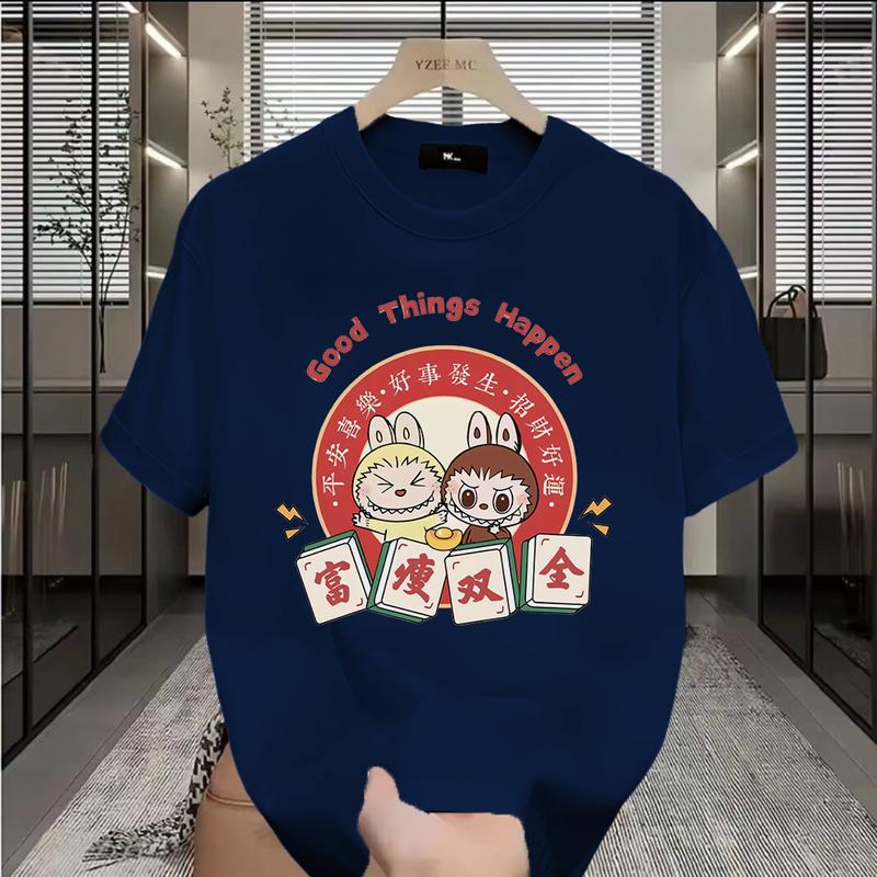 100% Cotton Fun Cartoon Labubu Loose Short-sleeved T-shirt Crew Neck Top for Men and Women Unisex 3