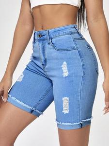 Women's Distressed Hem Denim Shorts, Casual Fashion Ripped Shorts for Daily Wear, Ladies Bottoms for Summer, Womenswear