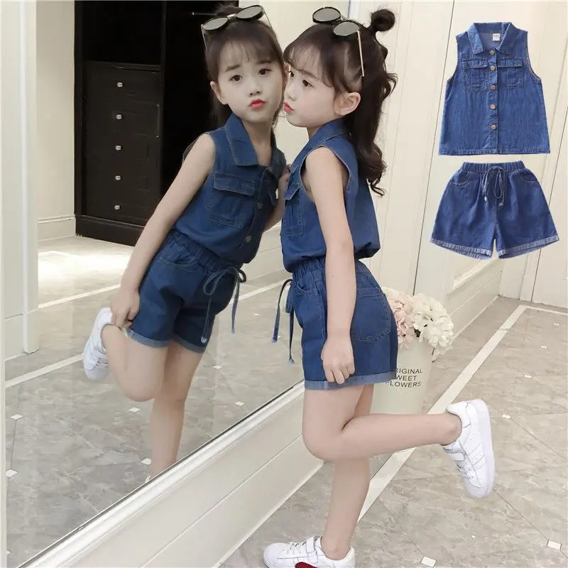 Bộ Đồ Bé Gái, Quần Áo Mùa Hè Mới, Thời Trang, Phong Cách Hàn Quốc, Quần Short Denim, Bộ Hai Mảnh, Quần Áo Thời Trang, Được Nhiều Người Vinh Danh Vào Năm 2025, Thích Hợp Cho Trẻ Em 0