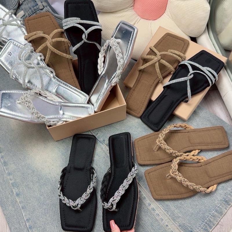 size nhỏ Dép Kẹp Nữ Dây Đá Bính Mũi Vuông cao 1Cm DéP Shoes GiàY Cao Su dép kẹp dép Đế Bằng