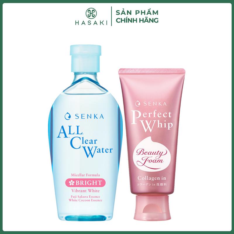 Combo Senka Nước Tẩy Trang Cấp Ẩm Sáng Da 230ml + Sữa Rửa Mặt Collagen 120g All Clear Water Micellar Formula Bright + Perfect Whip Collagen In | HASAKI BEAUTY