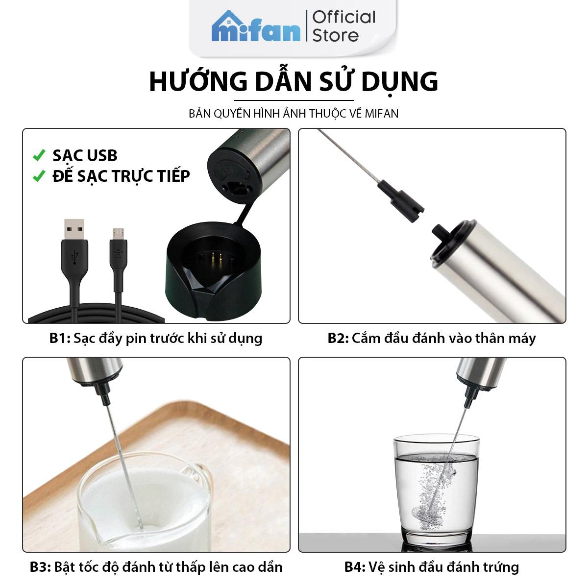 Máy Đánh Bọt Cà Phê Microfoam Mifan MF1501G - 3 Đầu Đa Năng, Thép không gỉ, Đế sạc USB tiện lợi - Hàng Chính Hãng