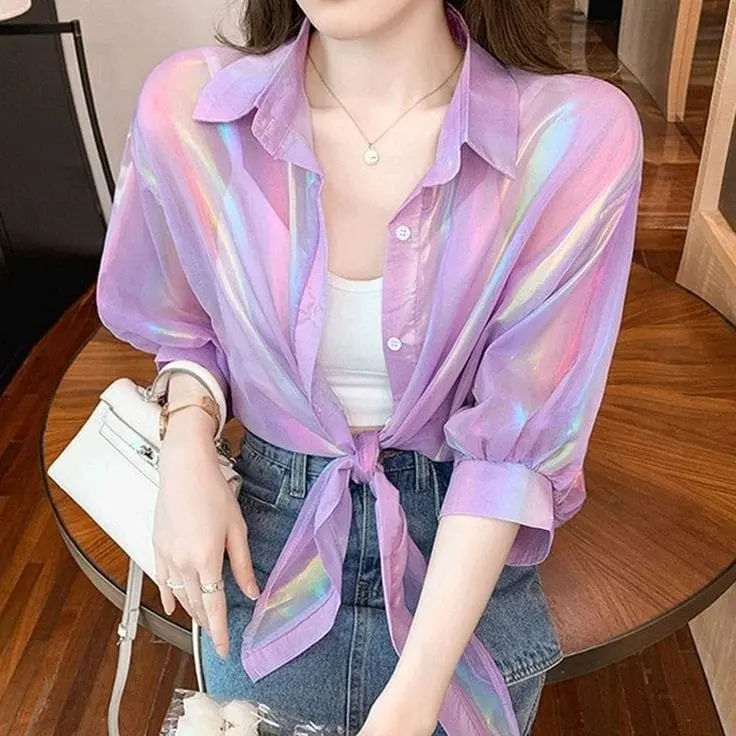 Aesthetich colourful simmer kemeja crop top // model baju ala korea Silk 0