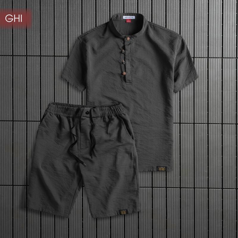 Bộ Đũi Xước Nam, Bộ Hè Nam, Áo Cổ Tàu, Quần Cạp Chun Phối Viền Cúc, 5 Màu Tùy Chọn