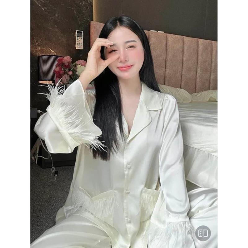 Đồ Bộ Cao Cấp Mặc Nhà Tiểu Thư Lụa Mịn Latin Mềm Mịn  Phối Lông Vũ Pijama Bộ Ngủ Nữ Freesize 40-58kg - HD STORE Áo 5