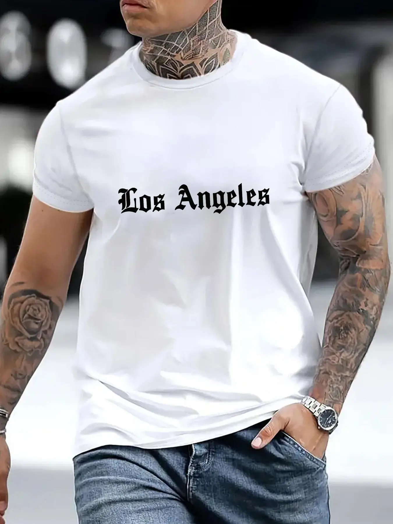 Men's Los Angeles Letter Print Graphic Tee, Regular Fit Casual Short Sleeve T-shirt for Summer, Men's Top for Daily Wear, Tropical