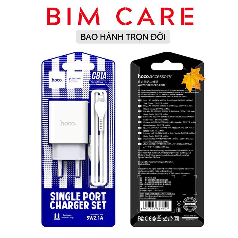 Bộ củ cáp dây sạc nhanh (cốc+cáp) Hoco C81A cho táo, bảo hành 12 tháng đổi mới – BIM CARE Phụ Kiện Sạc Điện Thoại