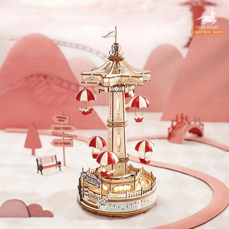  Đồ chơi lắp ráp gỗ 3D Parachute Tower DIY Music Box. Hộp Âm nhạc Robotime và Chuyển động lên xuống EA01 HD Tiếng Anh Toy Phát Nhạc Bộ Lắp Ráp Tháo Lắp 