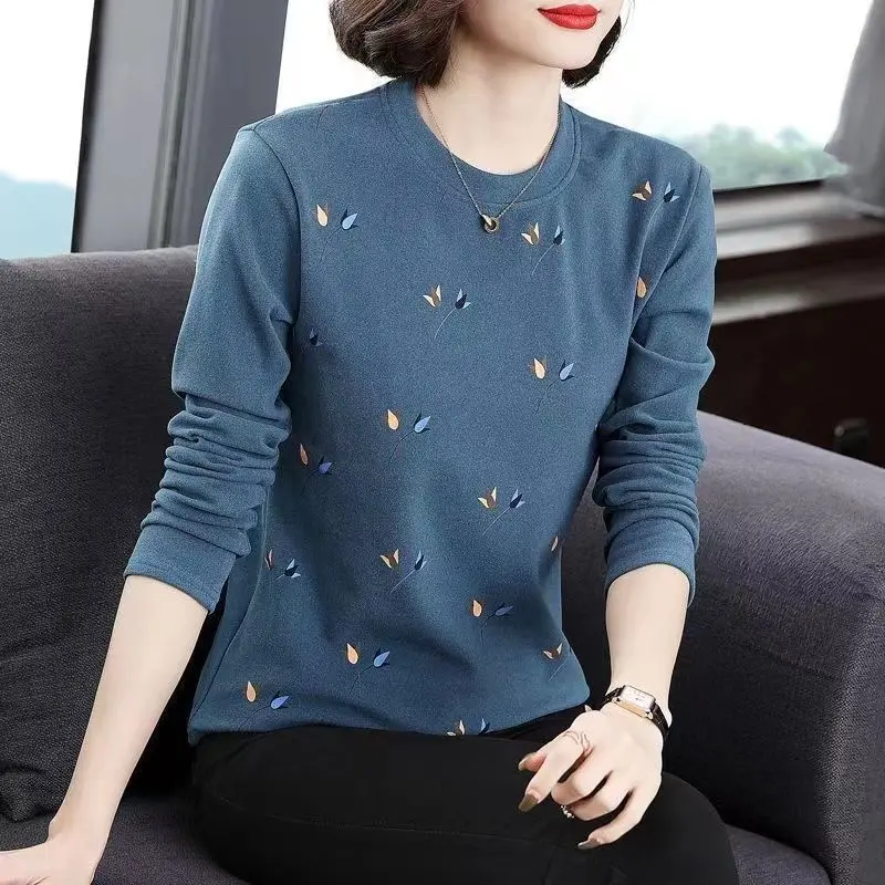 Women T-shirt 2024 Spring and Autumn New middle aged mother long sleeve T-shirt female round neck loose underlay top